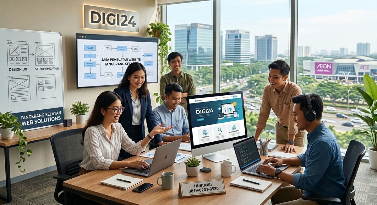 Tim digi24 berdiskusi merancang website di kantor Tangerang Selatan, lengkap dengan papan wireframe dan layar desain