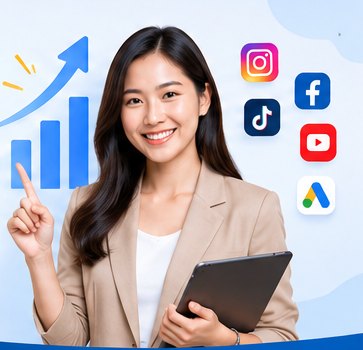 Konsultan digital marketing digi24 menunjukkan grafik pertumbuhan dan ikon media sosial