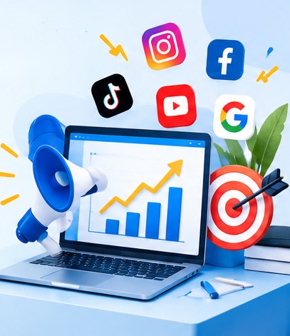 Laptop dengan grafik pertumbuhan, megafon, dan target iklan untuk layanan website dan iklan digital