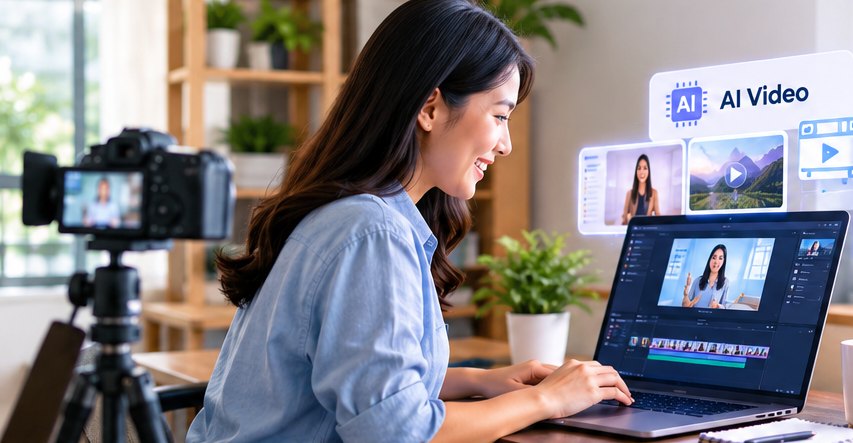 Pembuat konten mengedit video promosi dengan AI di laptop dengan kamera di sampingnya